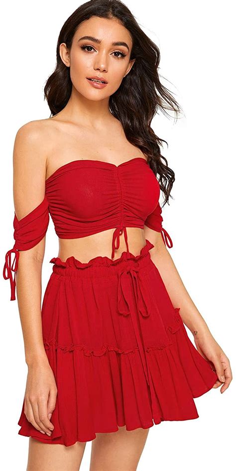 Floerns Two Piece Outfit Off Shoulder Drawstring Crop Top And Skirt Set