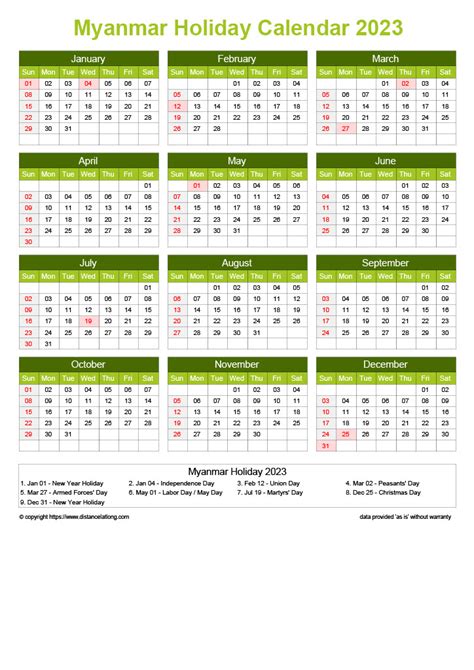 Download Free Printable 2023 Monthly Calendar With Myanmar Holidays
