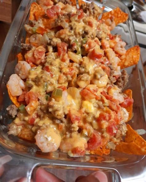shrimp rotel nachos with meat and homemade cheese