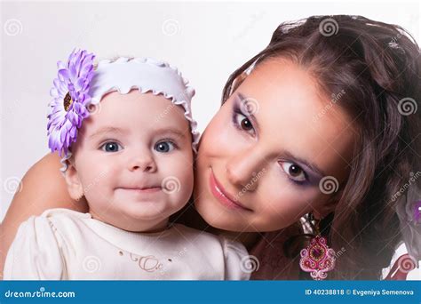 Beautiful Mother With Daughter Funny Smiling Baby 6 Months Stock Photo
