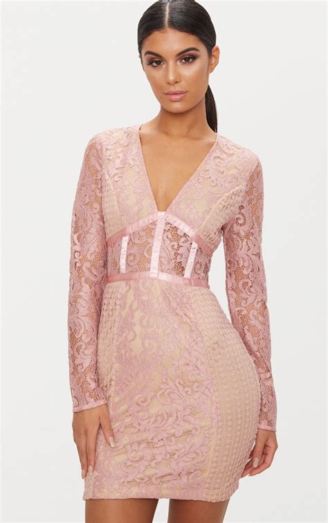 Dusty Pink Lace Panel Satin Piped Plunge Bodycon Dress