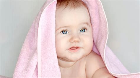 Cute Baby With Blue Eyes Covering Pink Cloth Towel White Background Hd