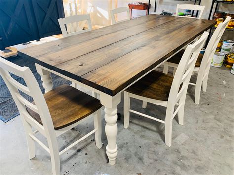 7ft Rustic Farmhouse Table with Chairs and Turned Legs, Dark Walnut Top