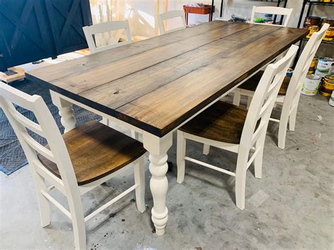 Ft Rustic Farmhouse Table With Chairs And Turned Legs Dark Walnut Top