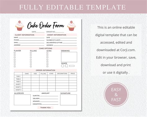 Paper And Party Supplies Design And Templates Custom Cake Order Form