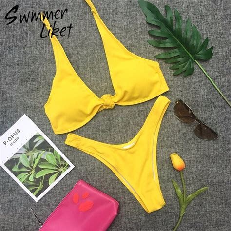 front tie yellow bikini set sexy deep v swimsuit high cut v bottom sexiezpix web porn