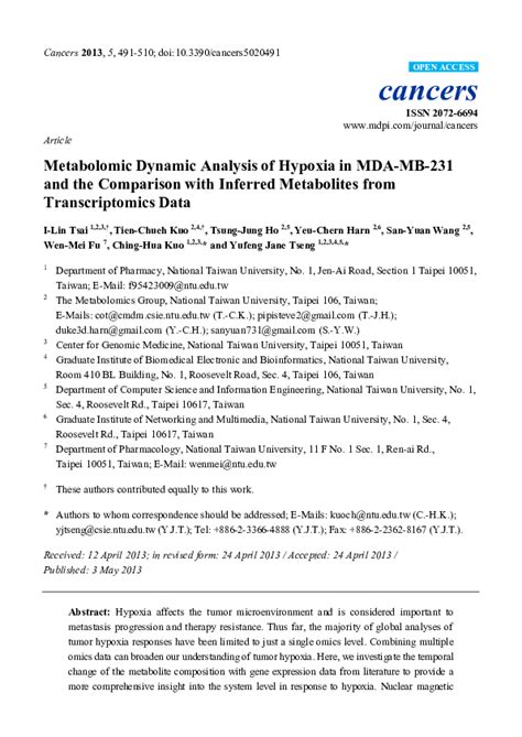 (PDF) Metabolomic Dynamic Analysis of Hypoxia in MDA-MB-231 and the Comparison with Inferred ...