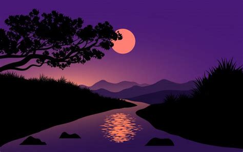 Premium Vector River And Moon Night Landscape Night Landscape