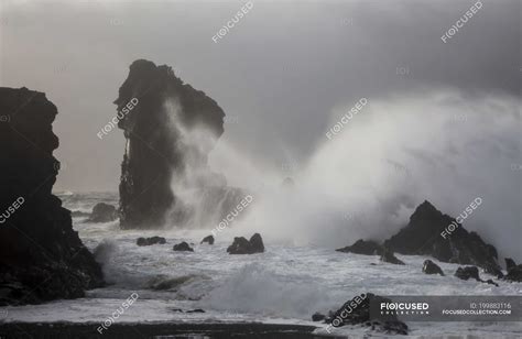 Ocean Waves Crashing Against Rock Formations Londrangar Snaefellsnes