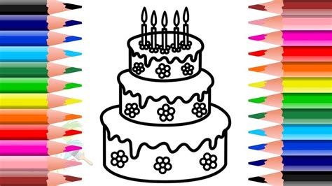 How To Draw And Color Birthday Cake For Kids 🎂 Colouring Pages For