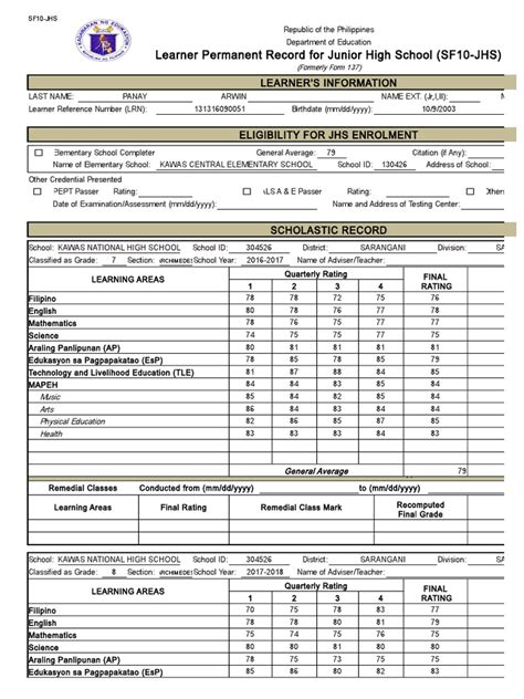 New School Form 10 Sf10 Learners Permanent Academic Record For Junior