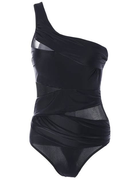 17 Off 2020 Mesh Spliced One Shoulder Black Swimwear In Black