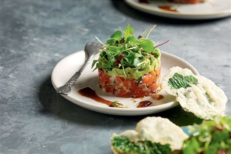 Salmon tartare with wasabi, avocado and tempura leaves | Recipe ...