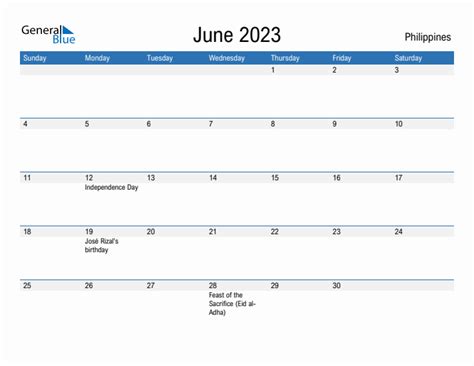 June 2023 Monthly Calendar With Philippines Holidays