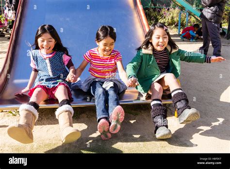 Japan School Playground Children Three Girls 6 8 Years Old Stock