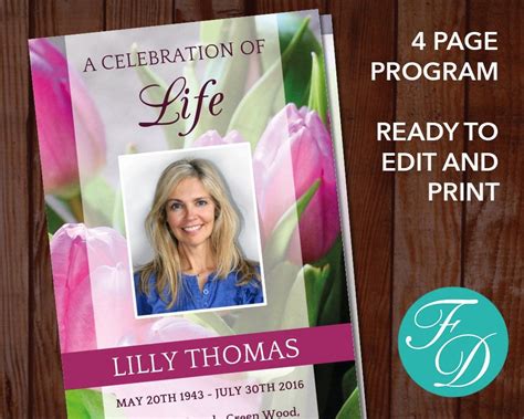 Pink Tulips Funeral Program Template Celebration Of Life Etsy Uk