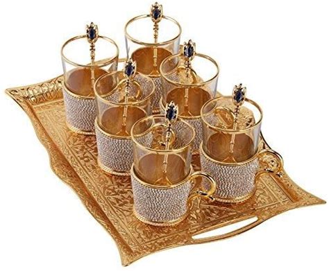 Set Of Xl Turkish Tea Glasses Set With Holders Spoons Tray