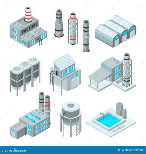 Set Of Industrial Or Factory Buildings Isometric 3d Pictures Stock