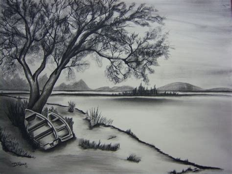 Peaceful Day Landscape Sketch Landscape Drawings Charcoal Drawing