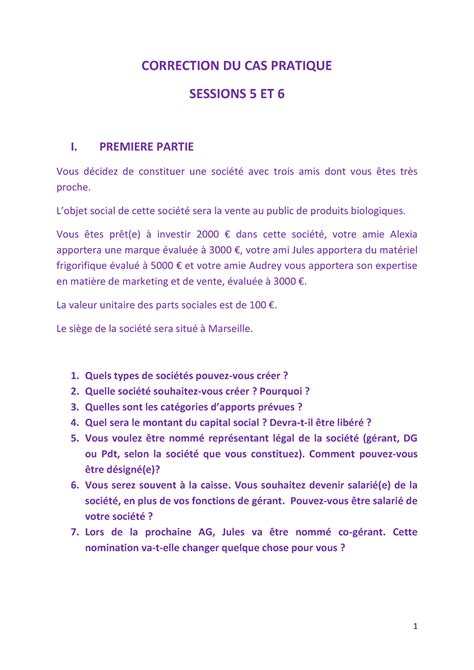 Correction DU CAS Pratique Sessions 5 ET 6 CORRECTION DU CAS PRATIQUE