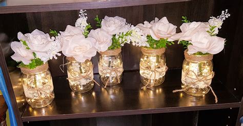 Mason Jars Fairy Lights With Flowers Wedding Centerpieces Mason