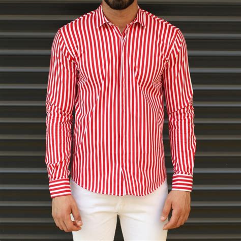 Men S Striped Slim Fit Casual Shirt In Red