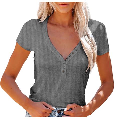 ryrjj women s summer casual henley shirts short sleeve v neck button up ribbed knit sexy slim