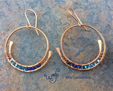 Handmade Copper Earrings Large Spiral Hoops With Blue Glass Beads