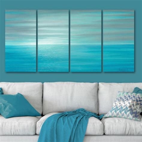 Aqua Blue Teal And Gray Coastal Wall Art Ocean Sunset 4 Panel Etsy