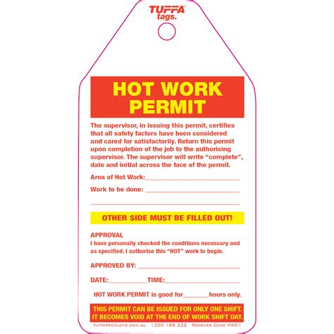 Hot Work Permit Tags Packs Of Tuffa Products
