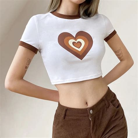 Heart Print Tee Shirt Streetwear Cute Crop Tops Y2k Aesthetic Etsy