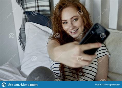 Woman Taking Selfie In The Bedroom Stock Image Image Of Conference Quarantine 201074333