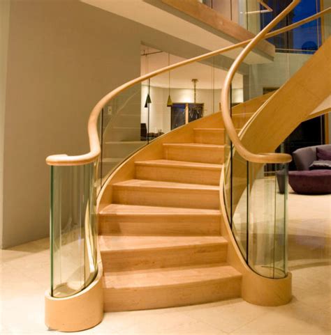 Modern Curvedarc Staircase Solid Wood Tread With Stainless Steelglass