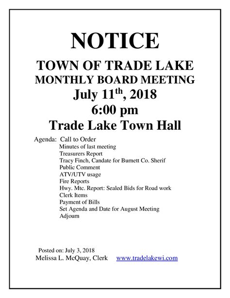 July Board Meeting Notice Town Of Trade Lake Burnett County Wi