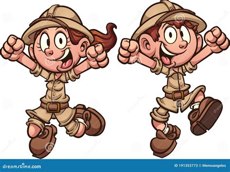 Happy Cartoon Explorer Safari Kids Jumping Stock Vector Illustration