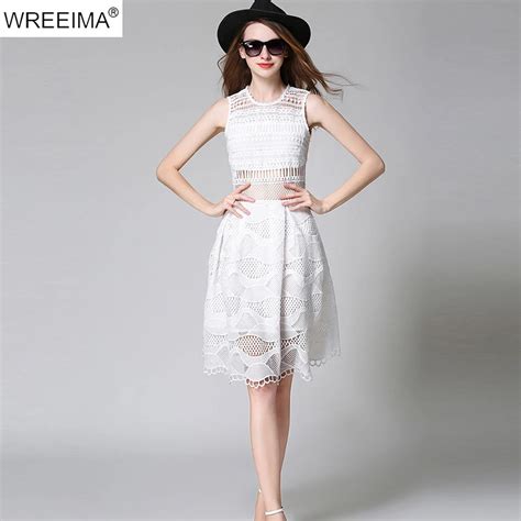Wreeima Sexy Hollow Out Lace Dress Women Sleeveless Summer Style Midi White Dress 2018 Summer