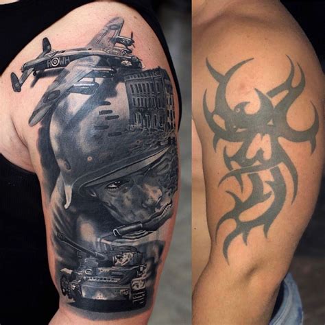 This complex tattoo pattern covering the back is among the coolest tattoos ideas. War Tank Coverup tattoo by Korky. Limited availability at ...