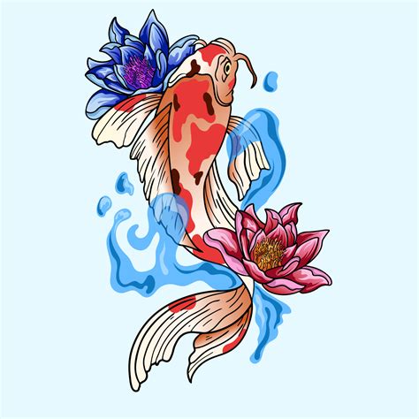 Hand Drawn Koi Fish Tropical Japanese Flowers Vector Illustration