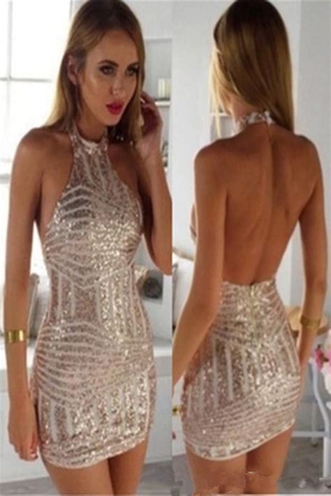 Shiny Rose Gold Sequin Knee Length Cocktail Party Dress Halter Backless