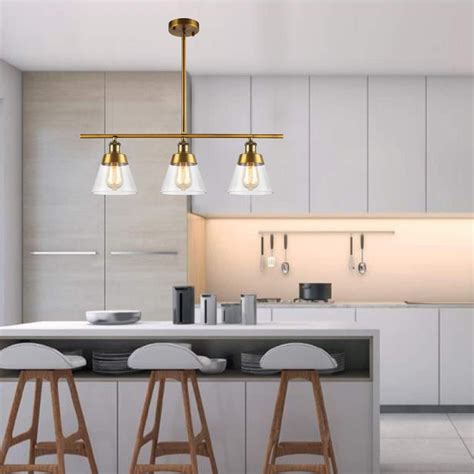 A modern yet vibrant way to light your kitchen island. Antique Brass Kitchen Island Lighting, Clear Glass Linear ...