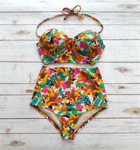 Bustier Bikini High Waist Bathing Suit Bright Tropical Etsy Bustier