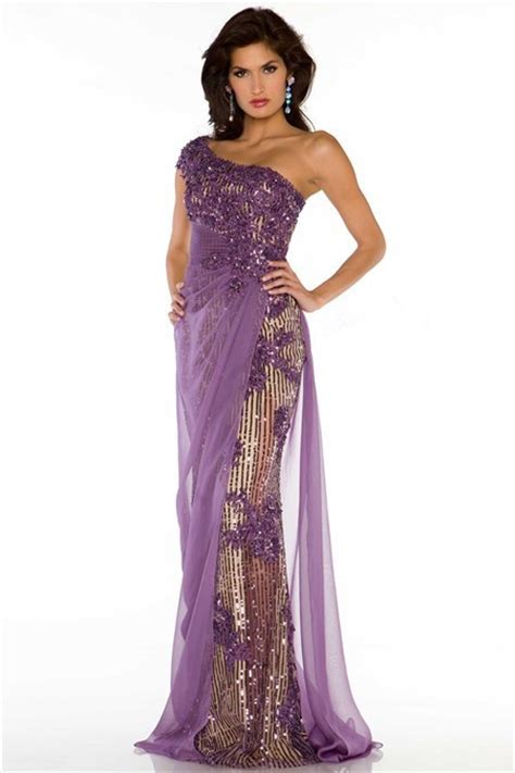 One Shoulder Long Purple Tulle Lace Sequin Beaded Special Occasion