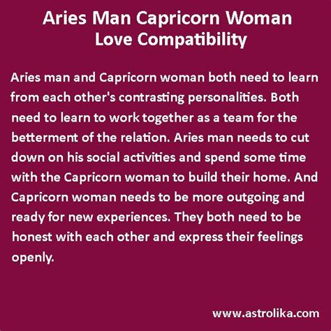 As opposite signs, a cancer man and capricorn woman combination have good compatibility and are a natural couple. Aries Man and Capricorn Woman Love Compatibility | Aries ...