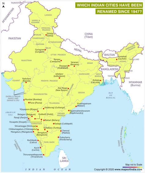 Map Of India Showing Cities Which Have Been Renamed Since 1947 Answers