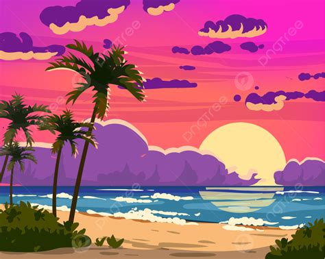 Sunset Ocean Tropical Resort Landscape Background Flat Exoti 3d