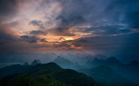 Wallpaper Sunlight Landscape Forest Mountains Sunset China