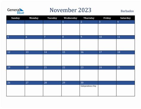 November 2023 Barbados Holiday Calendar