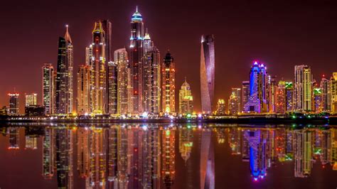 Gold Reflection Dubai Modern Buildings On The Marina Bay