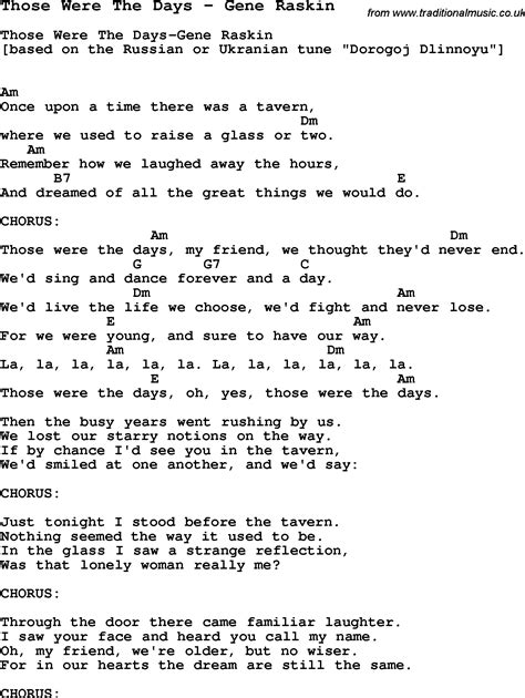 Song Those Were The Days By Gene Raskin Song Lyric For Vocal