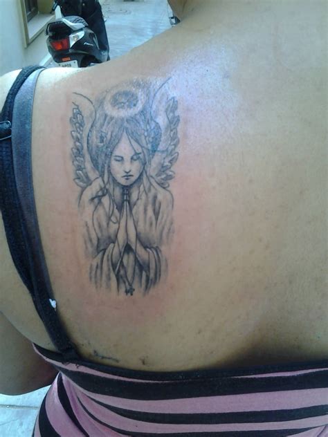 Praying Angel Tattoo On Left Back Shoulder